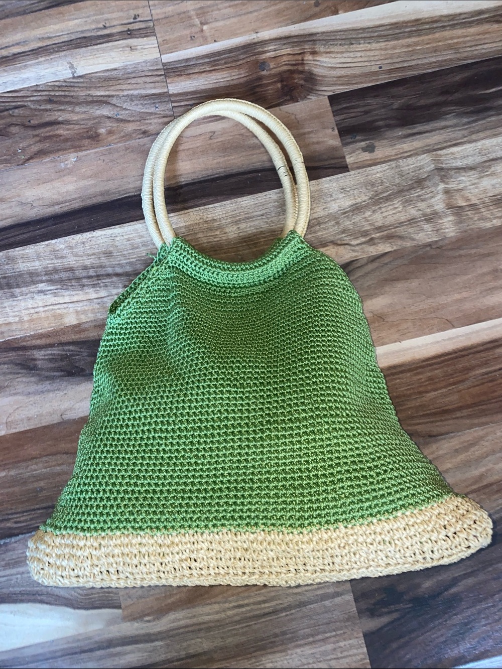 Green Crochet Tote with Natural Round Handles